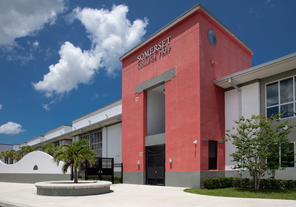 Architectural view of the Somerset Collegiate Preparatory Academy chater high school in Port St Lucie, FL